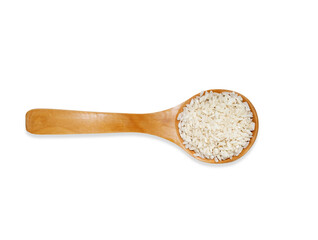 Top view  wooden spoon with white rice  isolated on a white background. Kitchen utensil and cooking ingredients template.