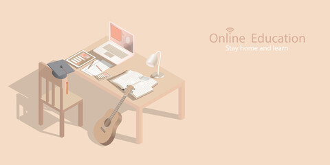 Online education concept about stay home and learn  to prevent the spread of the virus displayed by isometric desks laptops books tablet and smart phone isolated on vanilla background