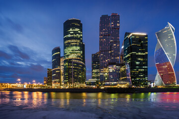 Sunset view of skyscrapers buildings of business complex Moscow City, Moscow, Russia.
