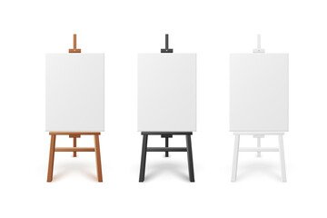 Set canvas on differently painted easels, realistic vector illustration isolated.