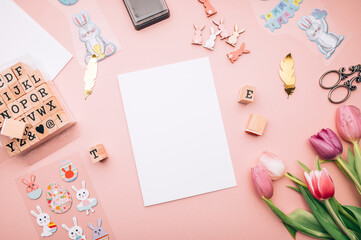 DIY ideas and step by step instructions for making Easter Card with stamps. Instruction how to make handmade card for beginners with stickers and flowers nearby
