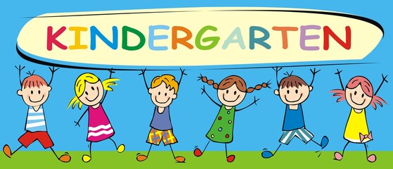 Obraz na płótnie Canvas Kindergarten, happy kids, banner, color vector illustration on blue background