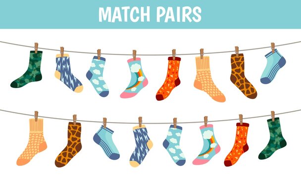 Matching socks game. Puzzle find pair. Preschool children educational worksheet activity. Socks on laundry rope. Match sock patterns vector. Game matching sock, match different illustration