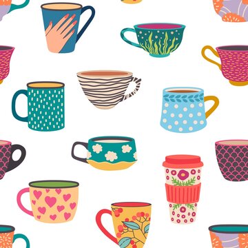 Coffee mug seamless pattern. Trendy hand drawn tea cups with ornaments and flowers. Cozy cafe hot drinks in mugs wallpaper vector texture. Illustration coffee and tea seamless pattern