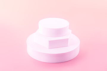Solid Display Block for Shop Windows on pink background, empty podium for product presentation, geometric stand for cosmetics