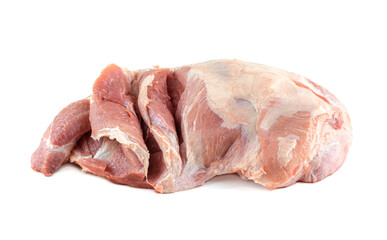 Raw meat close-up. a piece of raw pork shoulder in close-up. Pork tenderloin on a white isolated background.