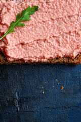 Smorrebrod seafood capelin caviar sandwich and salted salmon or rillettes fish ready to eat on the table meal snack outdoor top view copy space for text food background image pescetarian diet