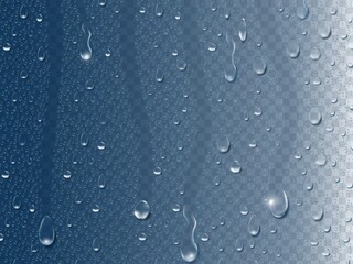 Rain drops on window. Realistic 3d condensation water drop and vapor bubble on glass surface. Pure liquid droplet vector transparent concept. Glass condensation, bubble wet on surface illustration