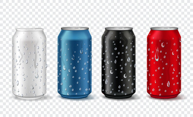 Metal cans with drops. Realistic aluminium can mockup in white, red, blue and black color. Soda or beer package with condensation vector set. Illustration blank aluminum bank, metal package beer color - obrazy, fototapety, plakaty