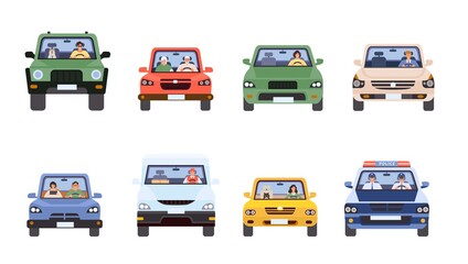 People in cars front view. Man and woman driving, delivery service, police in car and old couple. Drivers in flat minimal style vector set. Illustration car drive, travel transportation automobile