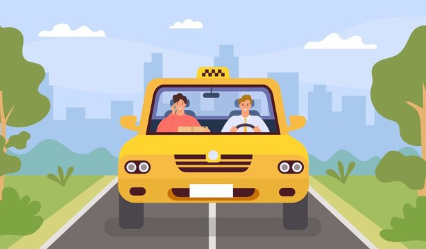 Taxi driver and client. Man drive car and passenger with smartphone. Front view cab in city landscape. Flat cartoon taxi app vector concept. Auto taxi driver and passenger drive in cab illustration