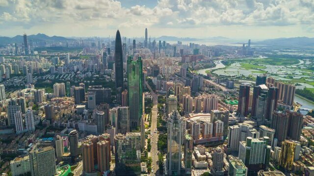 shenzhen cityscape sunny day aerial panorama 4k timelapse china