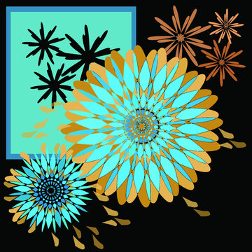 Abstract Composition Of Blue-green And Gold Geometric Star Flowers On A Black Background