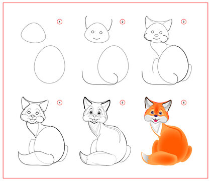 How to draw cute little fox. Educational page for children. Creation step  by step animal illustration. Printable worksheet for kids school exercise  book. Online education. Stock Vector | Adobe Stock