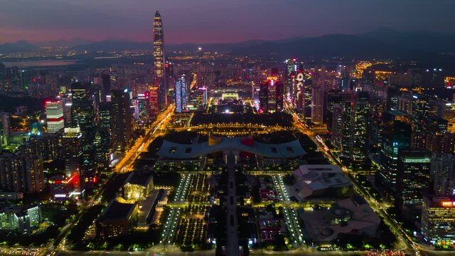shenzhen city sunset downtown city hall aerial panorama 4k timelapse china