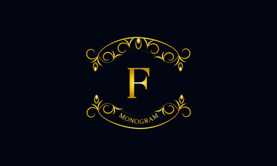 Vintage emblem. Calligraphic logo template with the letter F. Exquisite sign for a restaurant, royalty, jewelry, boutiques, cafes, hotels.