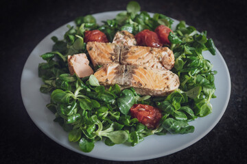 healthy cooking at home - roasted salmon fish with cherry tomatoes and herbs in olive oil with green salad