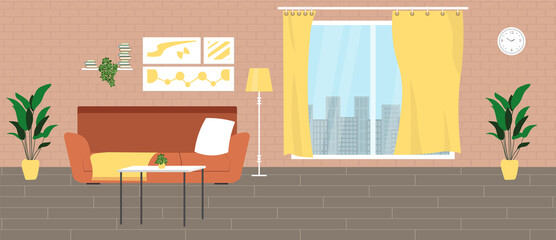 Living room with furniture and big window. Flat style vector interior illustration. Sofa, flowers. Daylight apartments. Hotel suite. Renting an apartment.