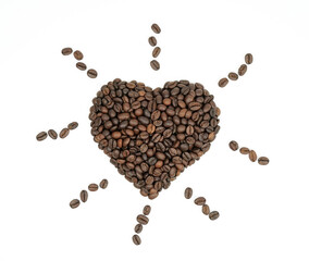  Heart from coffee beans,Roasted coffee beans heart on a white background.