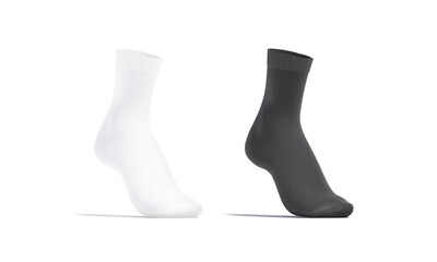 Blank black and white long socks mockup on tiptoe, isolated