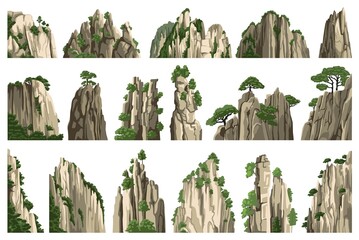 Mountains. Big set of isolated realistic rocks, hills, stones, mouintains peaks. Asian chinese landscape elements on white background. Vector illustration.