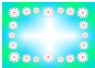 Fototapeta na wymiar A pattern of white flowers of different sizes on a gradient background of blue and green color, blank for text, postcards
