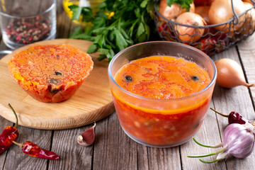 Frozen soup on a wooden table, Frozen food