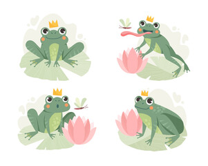 A set of images of a frog stalking and hunting a flying dragonfly. Set of flat cartoon vector illustrations isolated on white background