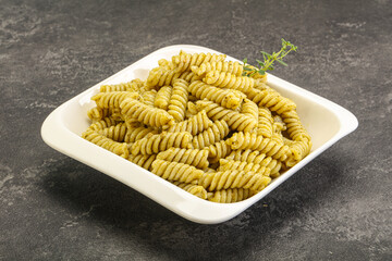 Italian pasta Fusilli with pesto