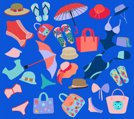 Umbrella, swimwear, hats, flip flops and beach bags.