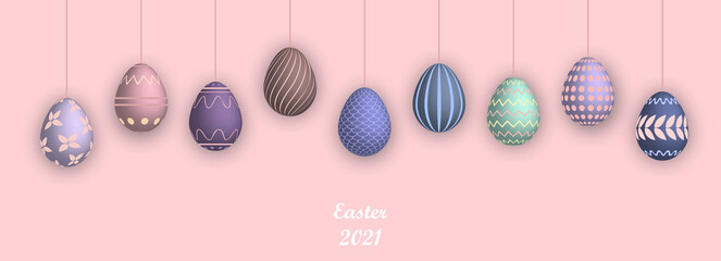 Easter 2021 poster with empty space. Banner template with Easter eggs on the pink background. Promotion sale and shopping template for Easter. Vector illustration. Isolated 3d easter eggs