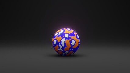 Sphere with Abstract Material Mixing of Blue ,Orange and White Color. 3D Illustration in Dark Background with Copy Space