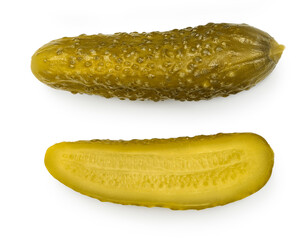 Marinated pickled cucumber isolated on white background with clipping path and full depth of field. Top view. Flat lay