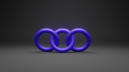 Shape of Ring object locking each other. 3D Illustration in Dark Background with copy space