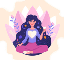 Concept of mindfulness, love and harmony with yourself. Girl with large glowing heart in her chest meditating. Female character sitting in lotos pose with closed eyes. Flat cartoon vector illustration