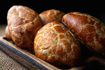 Homemade pies made from yeast dough, on a wooden board, on sacking