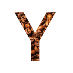 Letter Y made from coffee beans isolated on white background.