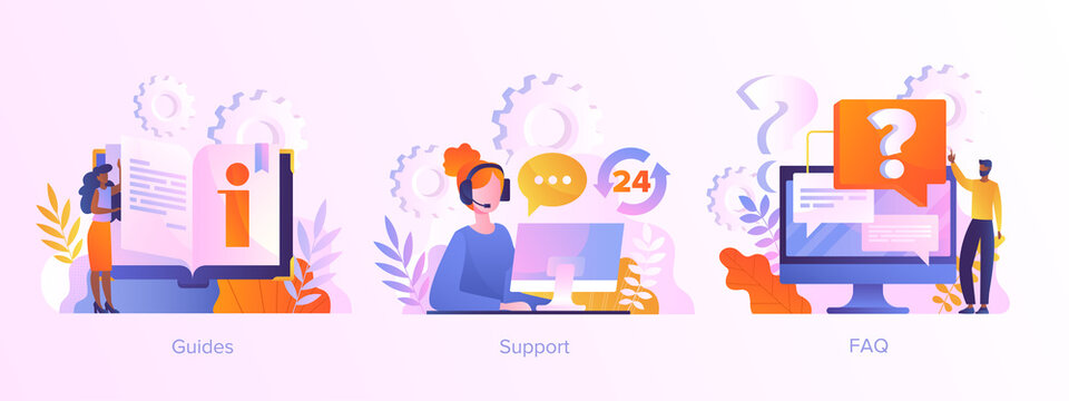 Website menu bar elements. Guides, FAQ and support landing page sections. Company information, user interface, UI element, customer help, contact us abstract metaphor. Set of vector illustrations