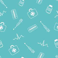 Seamless vector pattern with medical elements. Hand drawn outline doodle pattern with lettering on green background. Best for wallpaper, wrapping, textile, packaging, medical design, banner