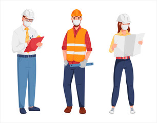 Fototapeta premium Vector illustration of three people workers, engineers, architects or builders. Full-length men and women in helmet and suit. In their hands, they hold a tablet with drawings or project plans.