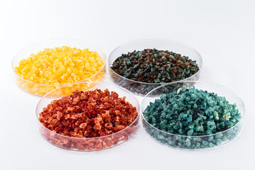 Molten chloride salts, crystals and crystallized rare earth sediments, chemicals used in industry for the production of various industrial items, in petri dishes