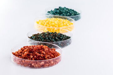 Molten chloride salts, crystals and crystallized rare earth sediments, chemicals used in industry for the production of various industrial items, in petri dishes