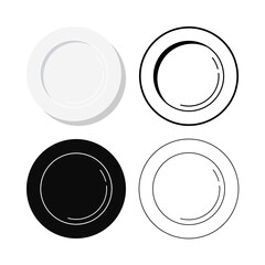 Empty plate icon set vector illustration isolated on white background. Top view classic clean dinner plate icon in flat, line art, simple design.
