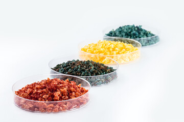 Molten chloride salts, crystals and crystallized rare earth sediments, chemicals used in industry for the production of various industrial items, in petri dishes