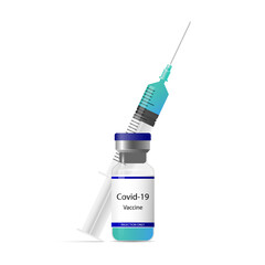 Covid-19 vaccine. Ampoule with medicinal solution and a medical syringe. Isolated over white background. Vector elements.