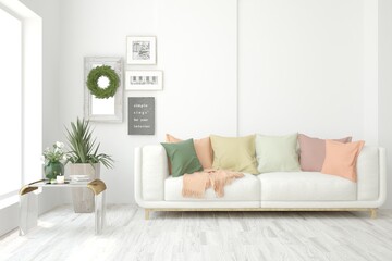 White living room with sofa. Scandinavian interior design. 3D illustration