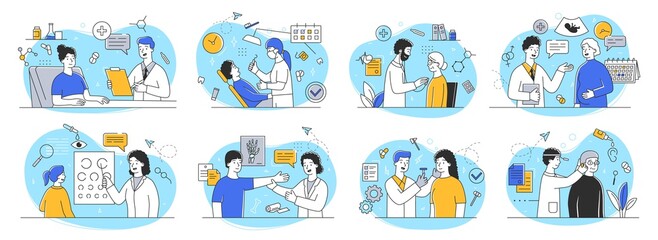 Large set of outline vector illustrations depicting people at the appointments of doctors of different specialties. Bundle of flat cartoon minimal style vector illustrations