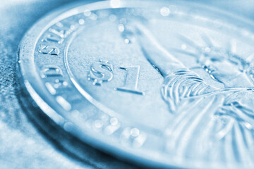 Fragment of an American 1 one dollar coin close up. Light blue tinted background or on the theme of US economy and finance. National currency sign symbol. State support of the population