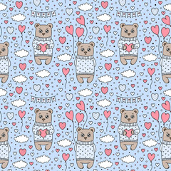 Vector Cute Cartoon Sweater Bears Seamless Pattern. Love Symbol, Cloud, Hearts, Balloon, Flag Garland. Valentines Day Holiday pastel colors background for nursery print design, wrapping paper, textile