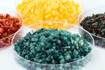 Molten chloride salts, crystals and crystallized rare earth sediments, chemicals used in industry for the production of various industrial items, in petri dishes